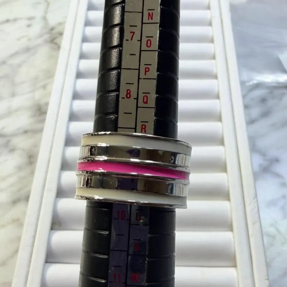Vintage Lia Sophia Fast Track Cigar Band Ring Cream Pink Enamel Silvertone